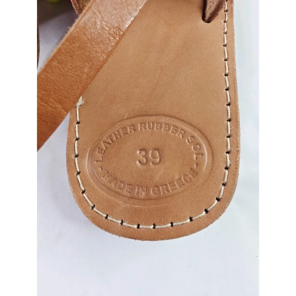 Handmade In Greece Leather Evil Eye Boho Sandals Strappy Carmel Size 9